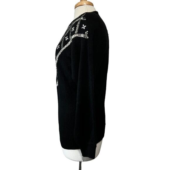 Vintage 80s 90s Samantha Starr Black Silver Sequin Silk Angora Sweater Women's L - Picture 6 of 8